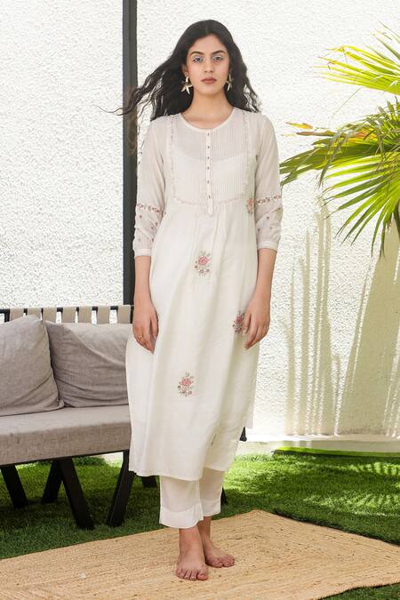 Tatwa Ivory Handloom Cotton, Viscose, Silk Embroidery, Sequins Yoke Kurta And Pant Set Online at Aza Fashions Tatwa_Ivory Handloom Cotton, Viscose, Silk Embroidery, Sequins Yoke Kurta And Pant Set _Online_at_Aza_Fashions