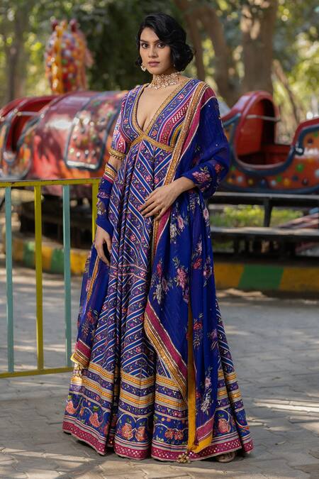 Irrau By Samir Mantri Multi Color Organza, Denim Embroidery Flower Vine Print Anarkali With Dupatta Online at Aza Fashions Irrau By Samir Mantri_Multi Color Organza, Denim Embroidery Flower Vine Print Anarkali With Dupatta _Online_at_Aza_Fashions