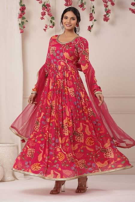 Bairaas_Magenta Chinon Hand Work Lace Trims Nigaar Floral Pattern Anarkali With Dupatta_Online_at_Aza_Fashions