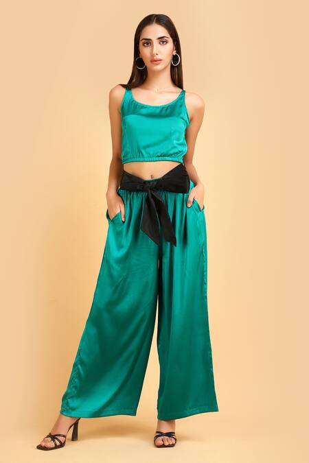 Label Ivish_Green Silk Round Neck Emerald Satin Pant Set _Online_at_Aza_Fashions