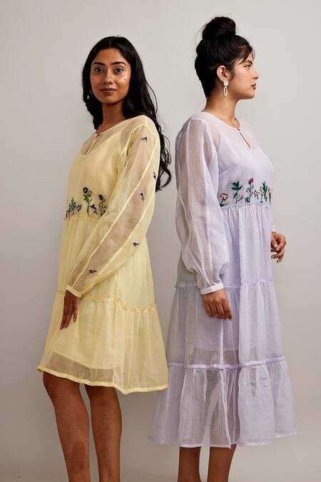 Pallavi Kandoi_Purple Cotton Embroidery Keyhole Neck Woven Tiered Dress _Online_at_Aza_Fashions