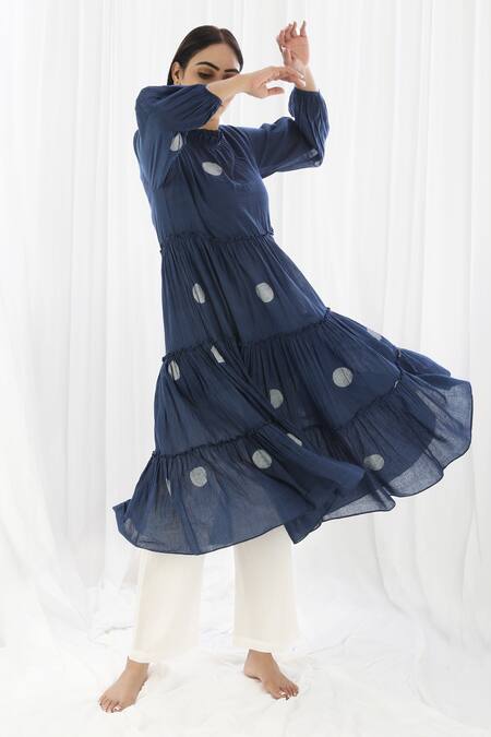 Khat_Blue Handloom , Handwoven Polka Pattern Tiered Kurta And Pant Set _Online_at_Aza_Fashions