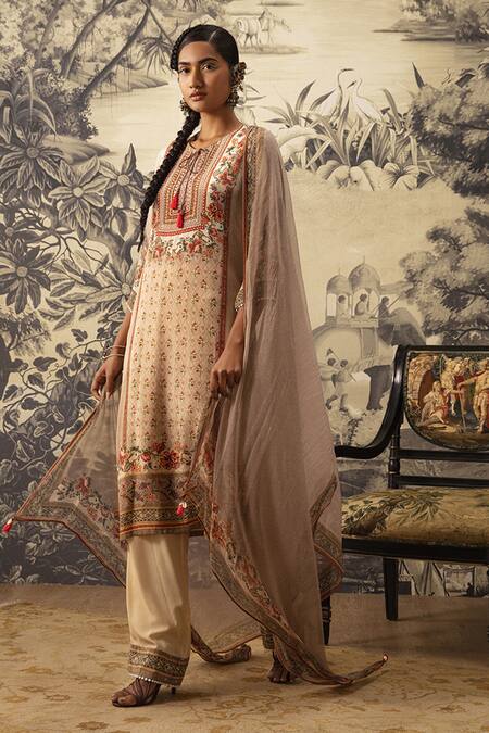 Kalista_Beige Crepe, Georgette Embroidery, Cut Work, Asmee Checkered Print Kurta Set _Online_at_Aza_Fashions