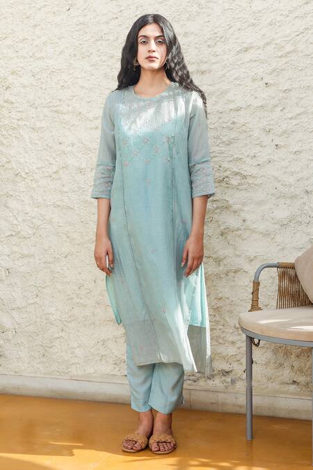 Tatwa_Blue Handloom Cotton, Viscose, Silk Sequins, Zari Chanderi Kurta And Pant Set _Online_at_Aza_Fashions