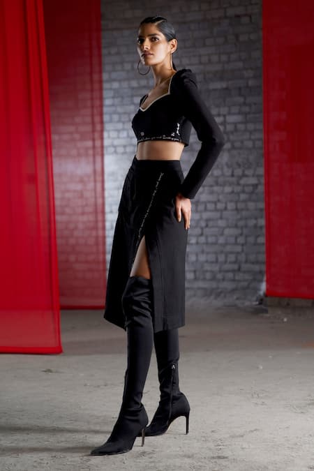 Pocketful Of Cherrie_Black Cotton Embroidery Thread Wrap Skirt_Online_at_Aza_Fashions