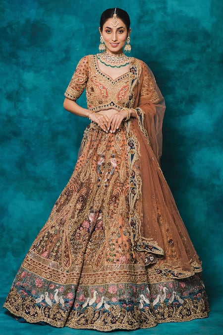 Mehar_Brown Net Sequins, Crystals, Cut Work, Birds And Floral Hand Bridal Lehenga Set _Online_at_Aza_Fashions