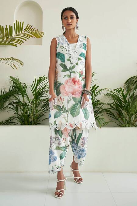 Sage Saga_Ivory Chanderi Lace, Embroidery V-neck May Floral Print Tunic Tulip Salwar Set _Online_at_Aza_Fashions