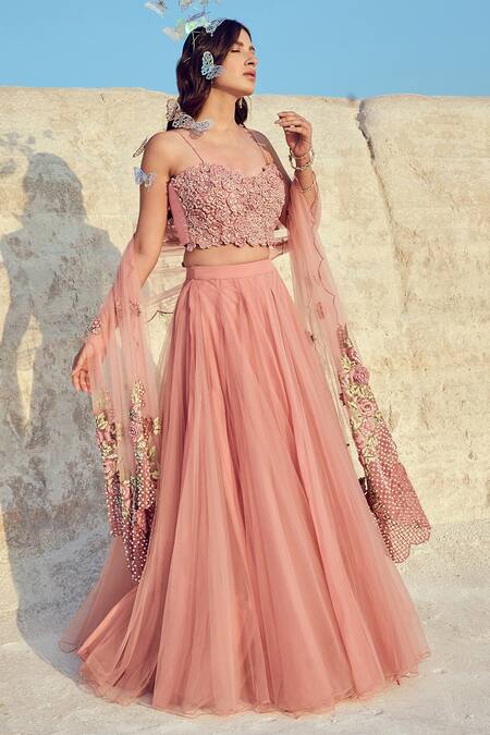 Nikita Vishakha_Pink Organza, Net, Jacquard, Chiffon Embroidery, Hand Mesh Blouse Lehenga Set _Online_at_Aza_Fashions