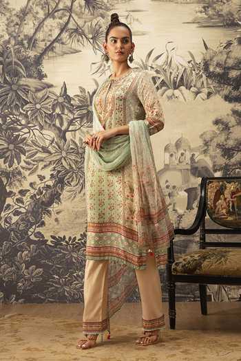 Kalista Green Crepe, Georgette Embroidery Zuri Floral Print Kurta Pant Set Online at Aza Fashions Kalista_Green Crepe, Georgette Embroidery Zuri Floral Print Kurta Pant Set _Online_at_Aza_Fashions