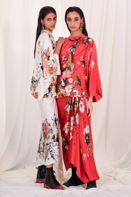 AK-OK Red Silk Round Neck Flower And Ostrich Print Top & Skirt Set Online at Aza Fashions AK-OK_Red Silk Round Neck Flower And Ostrich Print Top & Skirt Set _Online_at_Aza_Fashions