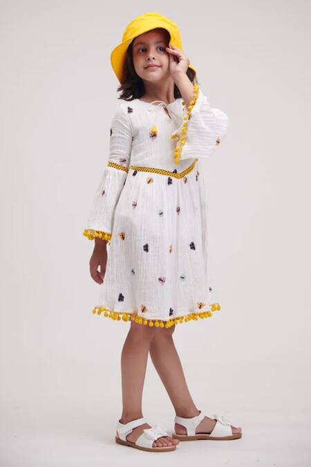 Littlecheer White Cotton Pom-poms, Embroidery Butterfly Dress Online at Aza Fashions Littlecheer_White Cotton Pom-poms, Embroidery Butterfly Dress _Online_at_Aza_Fashions