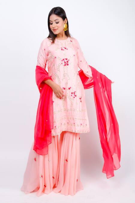Geetika Jain_Pink , Georgette, Organza Embroidery, Pearls, Sequins, Gota Kurta Set_Online_at_Aza_Fashions