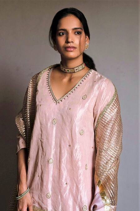 Shorshe Clothing Pink Handloom Cotton Embroidery, Pearls V-neck Tissue Kurta And Gharara Set Online at Aza Fashions Shorshe Clothing_Pink Handloom Cotton Embroidery, Pearls V-neck Tissue Kurta And Gharara Set _Online_at_Aza_Fashions