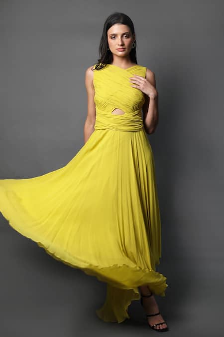 Swatee Singh Yellow Georgette V-neck Criss Cross Ruched Asymetric Dress Online at Aza Fashions Swatee Singh_Yellow Georgette V-neck Criss Cross Ruched Asymetric Dress _Online_at_Aza_Fashions