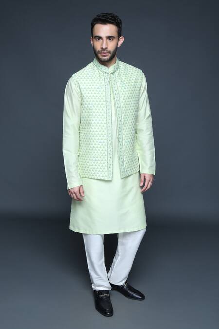 Buy_Sanjev Marwaaha_Green Cotton, Silk Cut Work Embellished Hand Block Print Bundi Set_Online_at_Aza_Fashions