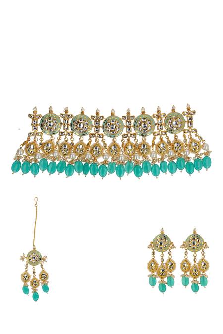 Ishhaara Multi Color Stones Handcrafted Embellished Necklace Set With Maangtikka Online at Aza Fashions Ishhaara_Multi Color Stones Handcrafted Embellished Necklace Set With Maangtikka _Online_at_Aza_Fashions