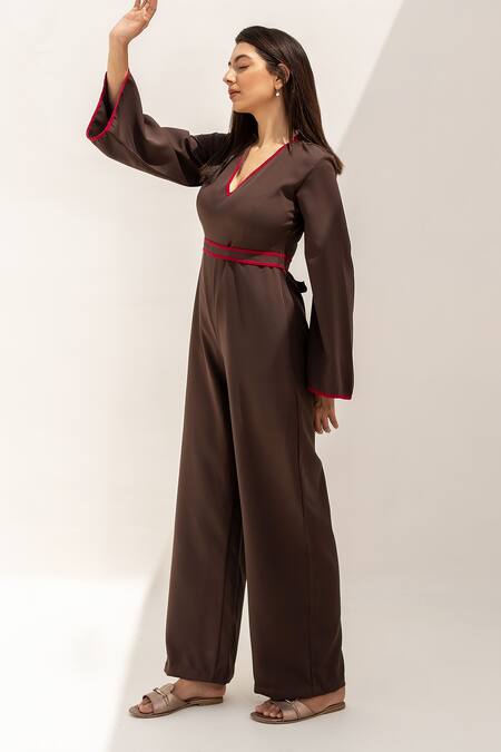 Kritika Madan Label_Brown Banana Crepe V Neck Flared Sleeve Jumpsuit_Online_at_Aza_Fashions