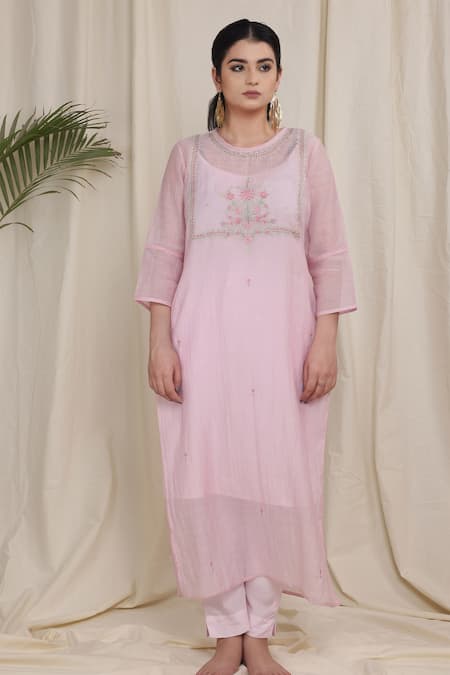 Tatwa_Pink Handloom Cotton, Viscose, Silk Embroidery Yoke Sequins Kurta And Pant Set _Online_at_Aza_Fashions