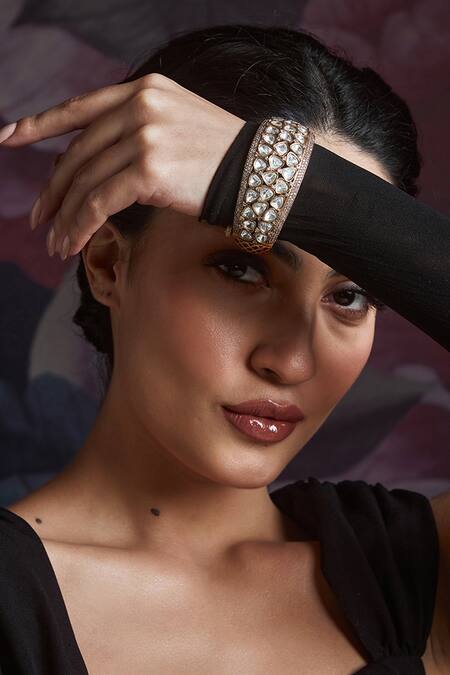 Paisley Pop_Gold Plated Diamonds, Zari Victorian Polki Bangle _Online_at_Aza_Fashions