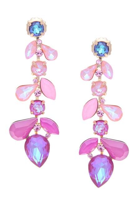 Ishhaara_Pink Crystals Leaf Shaped Earrings _Online_at_Aza_Fashions