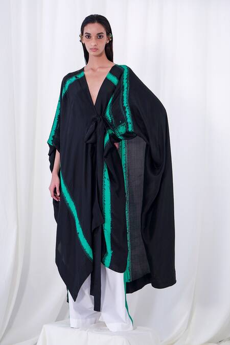 AK-OK Black Cotton Tassels V-neck Shibori Pattern Angrakha And Trouser Set Online at Aza Fashions AK-OK_Black Cotton Tassels V-neck Shibori Pattern Angrakha And Trouser Set _Online_at_Aza_Fashions