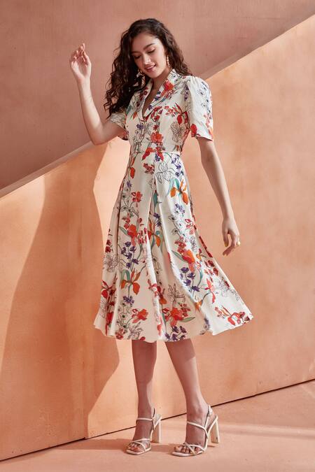 Label Deepika Nagpal_Red Buckles Collared Meraki Floral Print Midi Dress_Online_at_Aza_Fashions