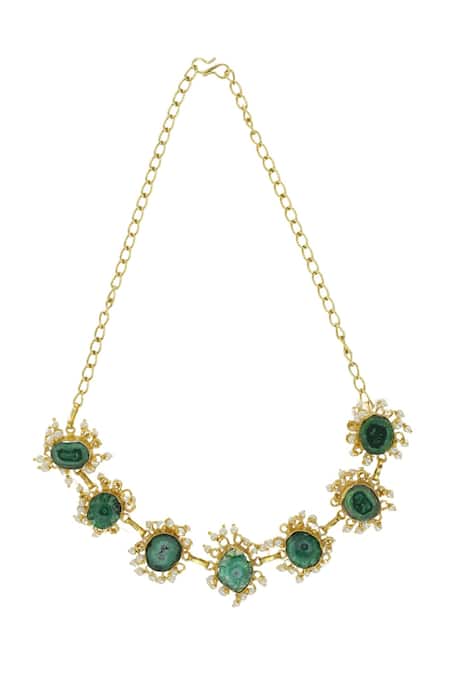 Ishhaara_Gold Plated And Green Solar Quartz Stone Necklace _Online_at_Aza_Fashions