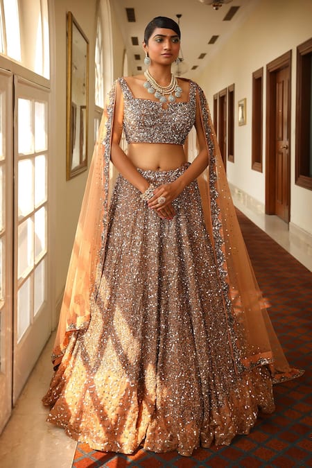 Miku Kumar_Peach Silk, Satin, Organza Sequins Scattered Embroidered Bridal Lehenga Set _Online_at_Aza_Fashions
