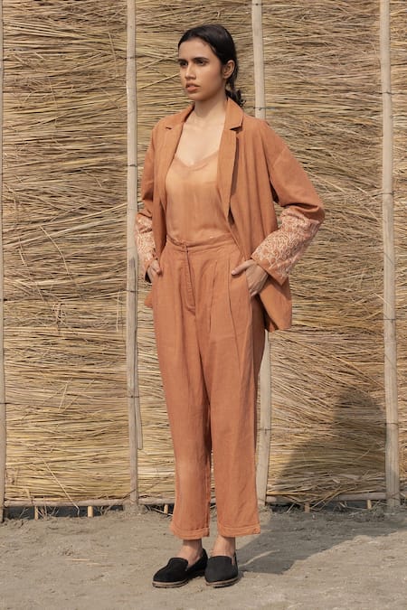 Ayaka Brown Corduroy, Viscose Embroidery Long Sleeve Blazer Online at Aza Fashions Ayaka_Brown Corduroy, Viscose Embroidery Long Sleeve Blazer _Online_at_Aza_Fashions