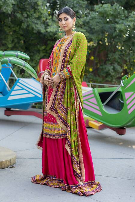 Irrau By Samir Mantri Multi Color Chiffon, Chanderi Tassels, Floral Print Straight Kurta Set Online at Aza Fashions Irrau By Samir Mantri_Multi Color Chiffon, Chanderi Tassels, Floral Print Straight Kurta Set _Online_at_Aza_Fashions