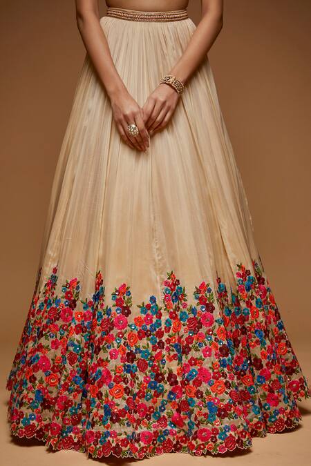 Neeta Lulla_Beige Flower Vine Embroidered Lehenga Set_Online_at_Aza_Fashions