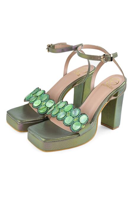 Kaltheos_Green Embellished Stella Cross Strap Square Toe Block Heels_Online_at_Aza_Fashions