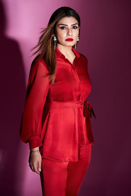 Garima Bindal_Red Silk, Modal, Chanderi Collared Solid Shirt And Button-down Pant Set _Online_at_Aza_Fashions