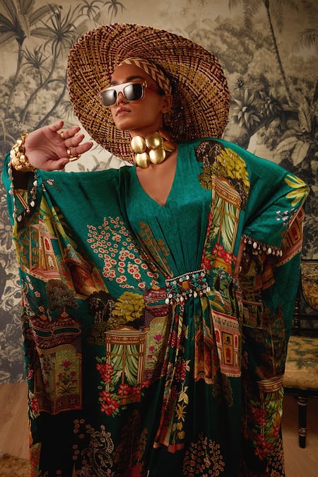 Kalista_Green Crepe Beads V-neck Aamna Mughal Pattern Kaftan _Online_at_Aza_Fashions