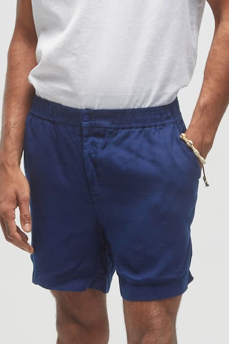 Terra Luna_Blue 100% Linen Solid Pool Shorts_Online_at_Aza_Fashions