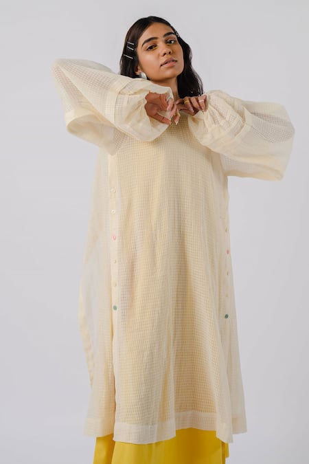 Tussah By Siddhi Shah_Yellow Cotton Embroidery Round Neck Solid Dress With Printed Overlay _Online_at_Aza_Fashions