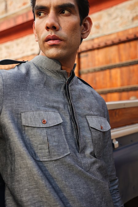 Raw & Rustic By Niti Bothra_Grey Linen, Cotton Plain Shirt Kurta _Online_at_Aza_Fashions