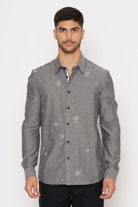 Lacquer Embassy Grey Cotton Embroidery Botolph Chambray Shirt Online at Aza Fashions Lacquer Embassy_Grey Cotton Embroidery Botolph Chambray Shirt _Online_at_Aza_Fashions