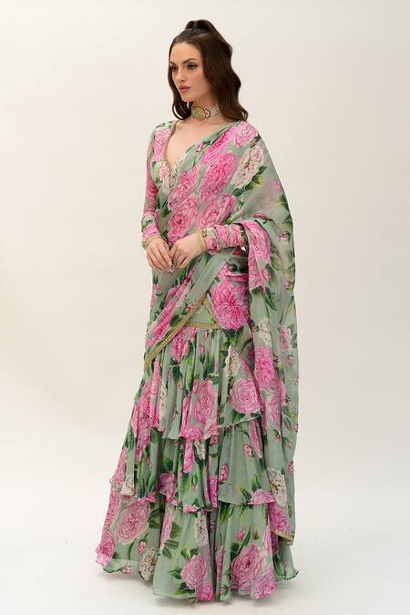 Buy_Sanam_Green Silk, Chiffon Sequins, Floral Bloom Pre-stiched Saree With Cut-out Blouse _Online_at_Aza_Fashions