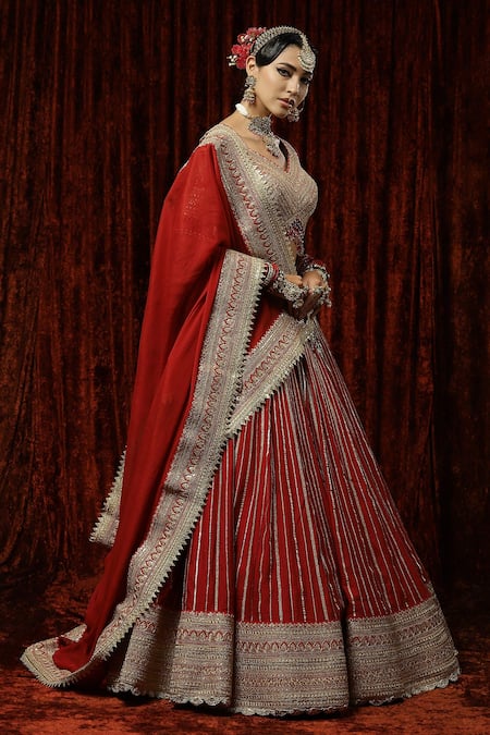 Shikhar Sharma Red Silk, Crepe, Chanderi Tassels, Embroidery, Beads Gota Bridal Lehenga Set Online at Aza Fashions Shikhar Sharma_Red Silk, Crepe, Chanderi Tassels, Embroidery, Beads Gota Bridal Lehenga Set _Online_at_Aza_Fashions