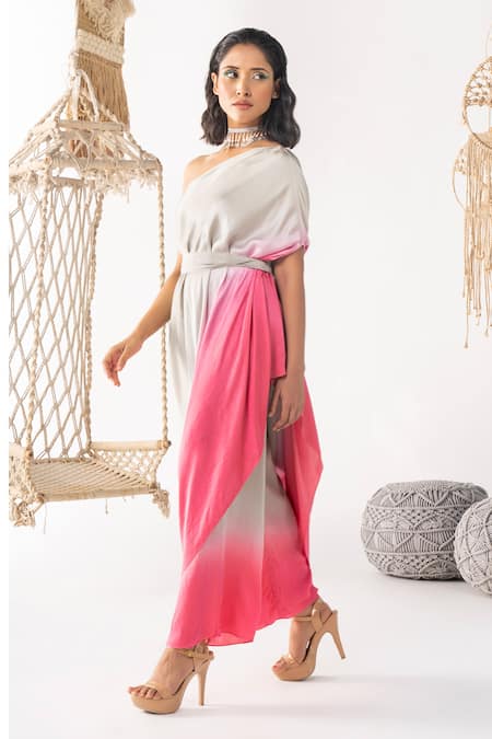 Chhavvi Aggarwal_Grey Satin Asymmetric Ombre Cowl Top And Pant Set_Online_at_Aza_Fashions