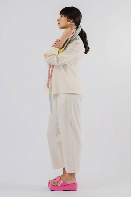 Tussah By Siddhi Shah Off White , Handloom Patchwork V-neck Shirt And Pant Set Online at Aza Fashions Tussah By Siddhi Shah_Off White , Handloom Patchwork V-neck Shirt And Pant Set _Online_at_Aza_Fashions