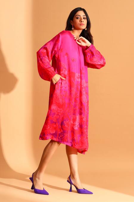 Moh India_Magenta Cupro Printed Flower Boat Neck Full Sleeve Tunic_Online_at_Aza_Fashions