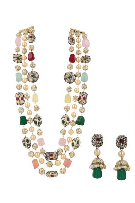 Buy Ishhaara Gold Plated Stones Multi Beaded Long Necklace Set Online at Aza Fashions Buy_Ishhaara_Gold Plated Stones Multi Beaded Long Necklace Set _Online_at_Aza_Fashions