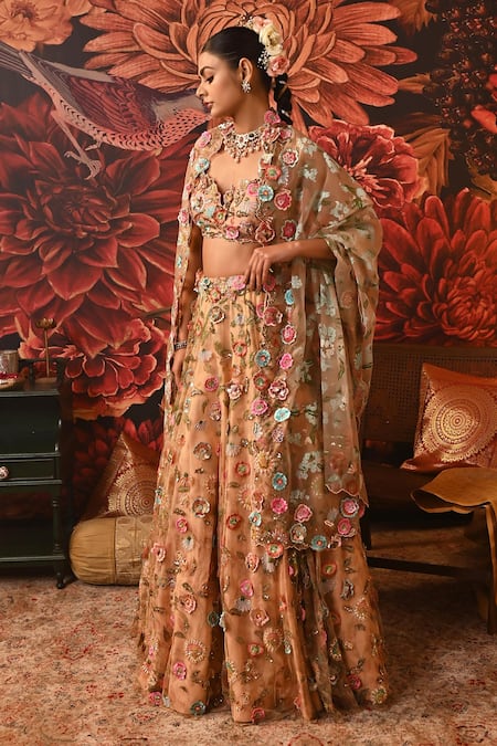 Moledro Peach Net, Brocade, Organza Applique, Bahaar Blooming Bridal Lehenga Set Online at Aza Fashions Moledro_Peach Net, Brocade, Organza Applique, Bahaar Blooming Bridal Lehenga Set _Online_at_Aza_Fashions
