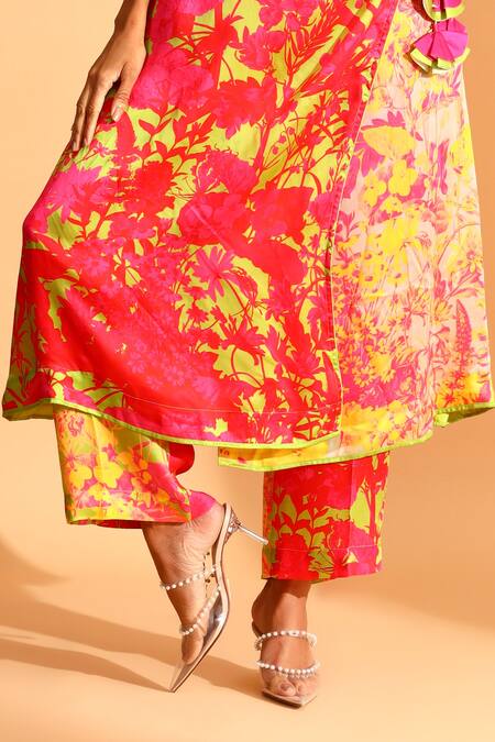 Moh India_Green Cupro Printed Floral V Neck Angrakha_Online_at_Aza_Fashions