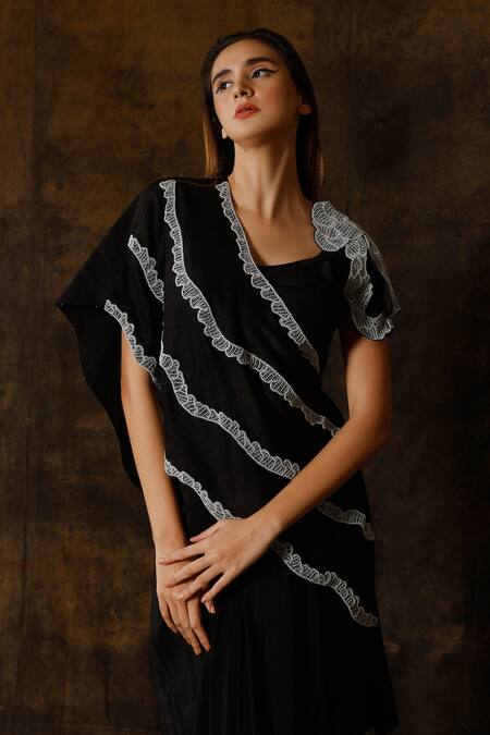 Eclat By Prerika Jalan_Black Crepe, Muslin Embroidery V-neck Asymmetric Cape And Draped Skirt Set _Online_at_Aza_Fashions