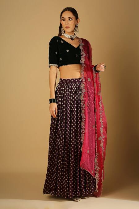 Monk & Mei By Sonia Anand Purple Organza, Velvet, Brocade Embroidery Roza Floral Woven Lehenga Blouse Set Online at Aza Fashions Monk & Mei By Sonia Anand_Purple Organza, Velvet, Brocade Embroidery Roza Floral Woven Lehenga Blouse Set _Online_at_Aza_Fashions