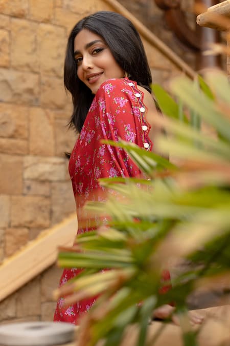 Punit Balana_Red Satin Silk Printed Floral Pre-draped Saree With Blouse _Online_at_Aza_Fashions