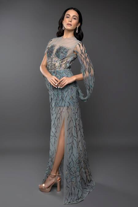 Anjum Qureshi_Green Net Hand Embroidered Sequin Round Sheer Gown _Online_at_Aza_Fashions